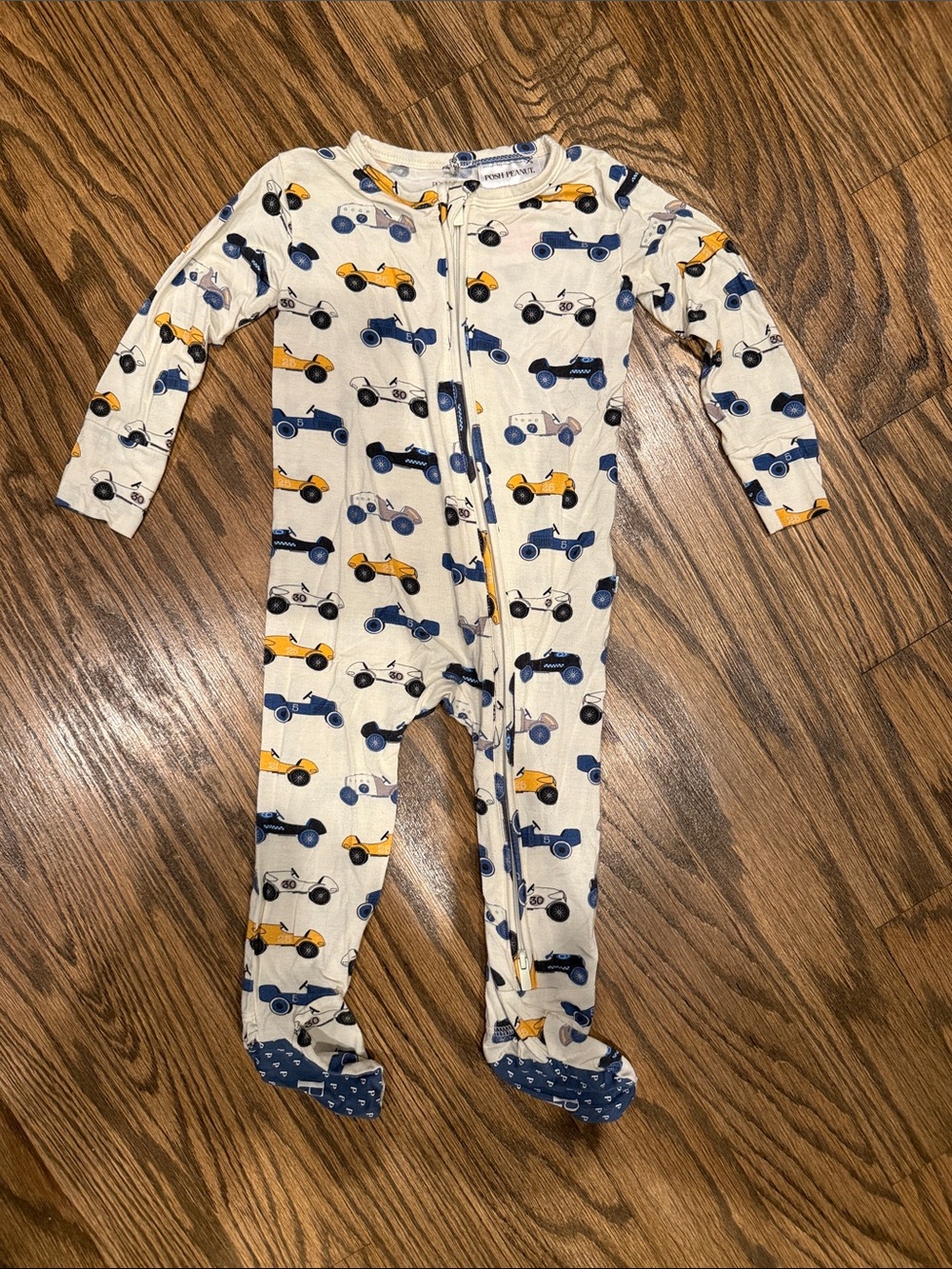 Posh Peanut Cream Car Print Zipper Footie